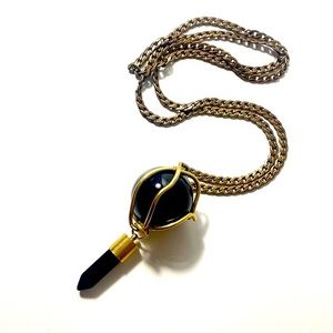 Black Obsidian Minimalist Crystal Orb Wire Wrap Pendant Necklace Brass Chain